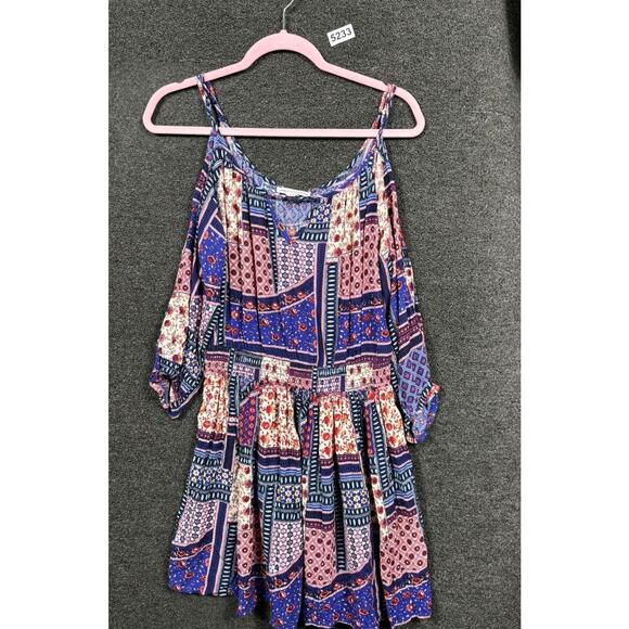 American Eagle Mini Dress Size M Patchwork Multicolor Cold Shoulder Keyhole Neck - Picture 3 of 12